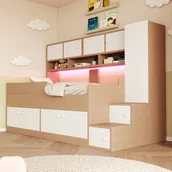 Łóżka dla dzieci i młodzieży - Łóżko dziecięce 90 x 200 cm z 11 drzwiami i schodkami - Płyta wiórowa + MDF + płyta wielowarstwowa - Diody LED - Drewno naturalne - miniaturka - grafika 1