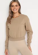 Bluzy damskie - Ciemnobeżowa Bluza z Dodatkiem Bawełny Wykończona Ściągaczami Evilaya - miniaturka - grafika 1