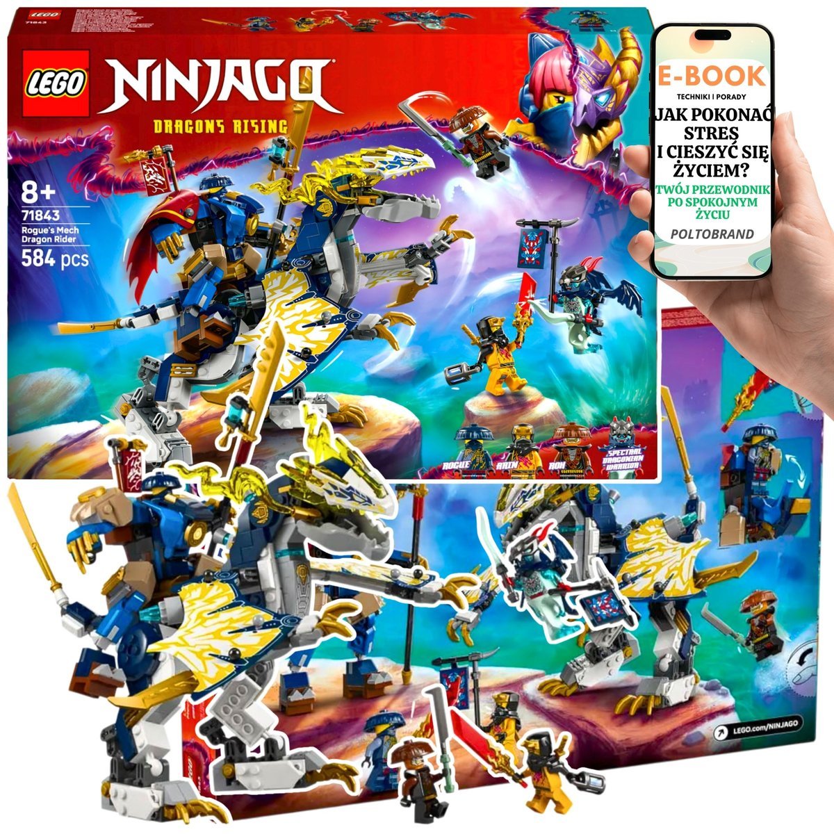 DUŻY ZESTAW LEGO DLA CHŁOPCA - NINJAGO Mech i smok w jednym • zestaw 2w1 z bronią ninja, 4 minifigurkami i tajnym sztandarem Lego Dla Wnuczka Syna..