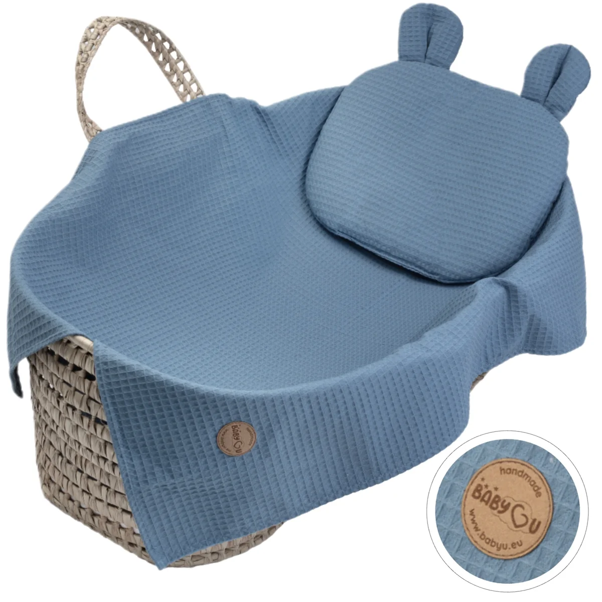 BabyU, Zestaw kocyk letni i poduszka z uszkami sensorycznymi dla niemowląt przewiewny bawełna 75x100 cm BALOO NAVY
