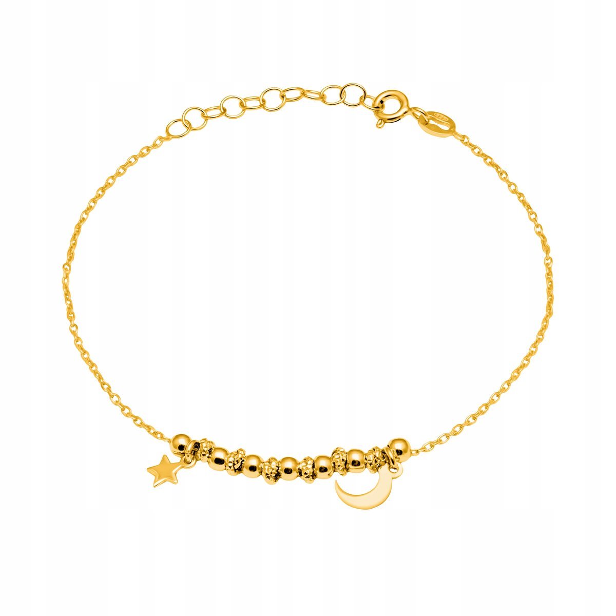 Elegancka Złocona Bransoletka Damska Srebro 925 Gwiazdka, Księżyc, Kuleczki