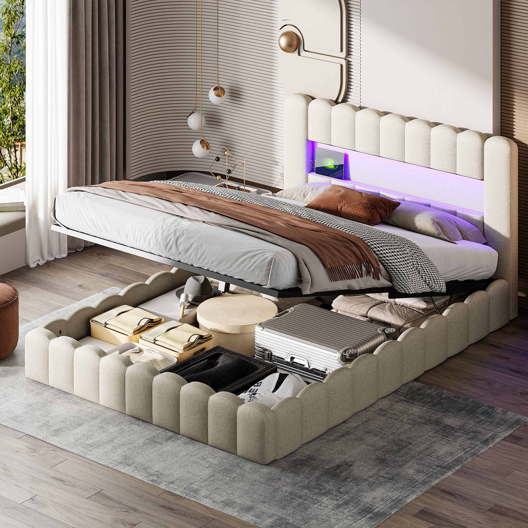 Łóżko tapicerowane Fortuna Lai 160x200cm z USB, łóżko młodzieżowe podwójne ze stelażem listwowym i schowkiem, łóżko do przechowywania z LED, pościel, beżowe