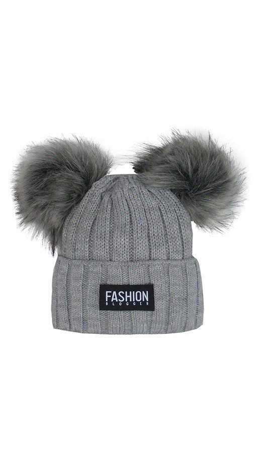 Czapka zimowa podwójna wywinięta 44-499 z pomponami szara