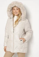 Kurtki damskie - Jasnoszara Pikowana Kurtka z Kapturem z Futerkiem Tevea - miniaturka - grafika 1