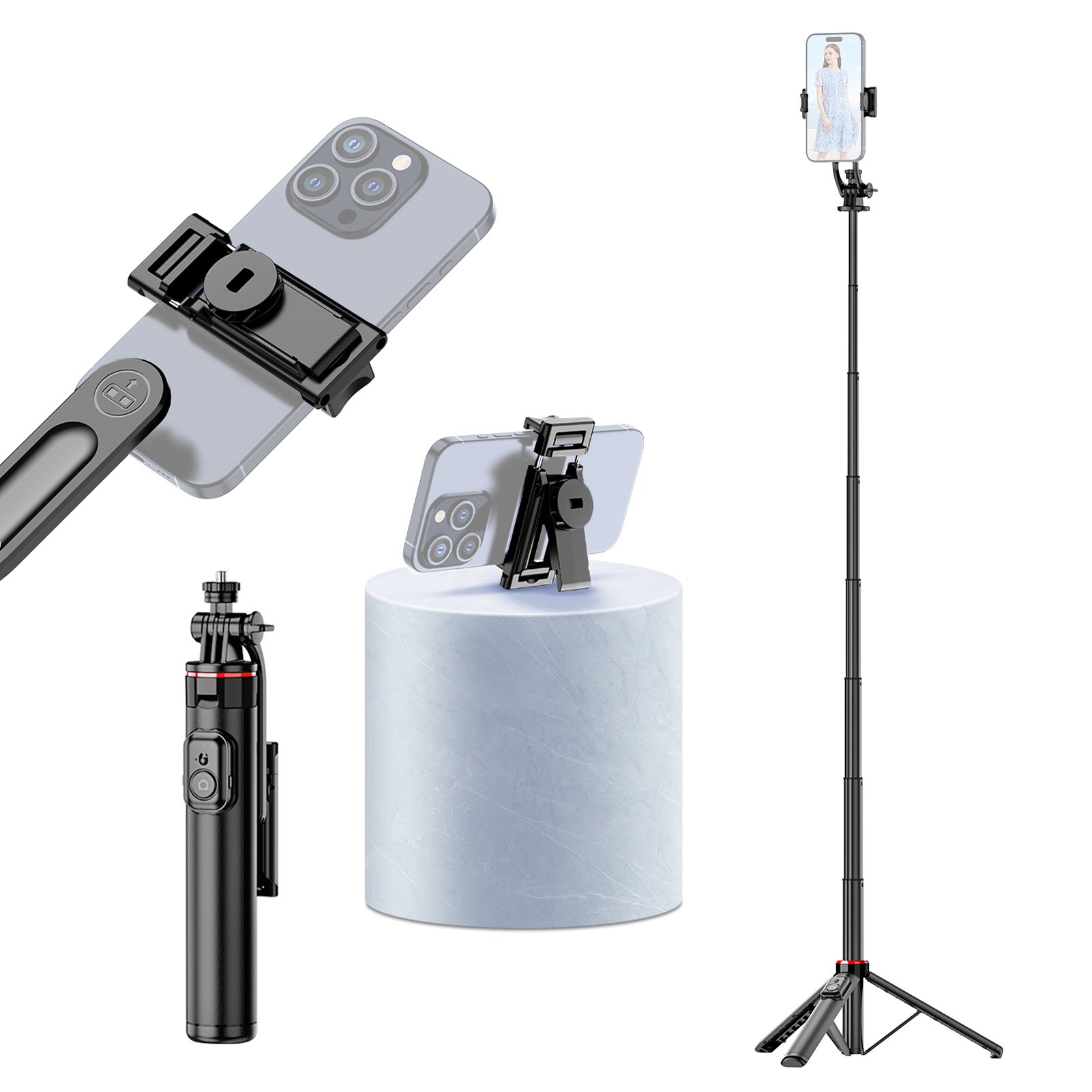 Wysuwany statyw selfie stick do telefonu, maks. długość 131 cm, ze śrubą 1/4 cala, odłączanym klipsem na telefon, zdalnym wyzwalaczem, statywem na telefon do vlogów selfie, transmisji na żywo, zdjęć grupowych wideo