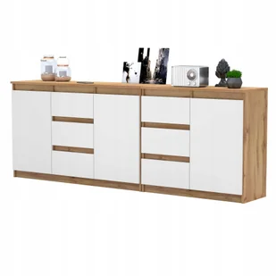 Komoda Dąb Wotan/Biały 200 cm Duza Komoda 6 szuflad 3 drzwi Zestaw Meblowy - Komody - miniaturka - grafika 1