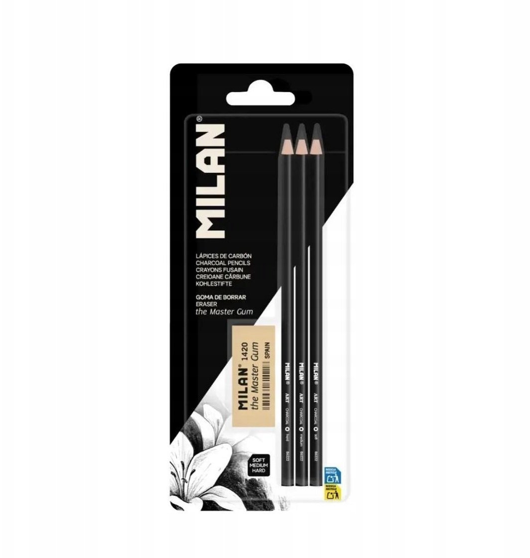 Zestaw 3 ołówków węglowych + gumka