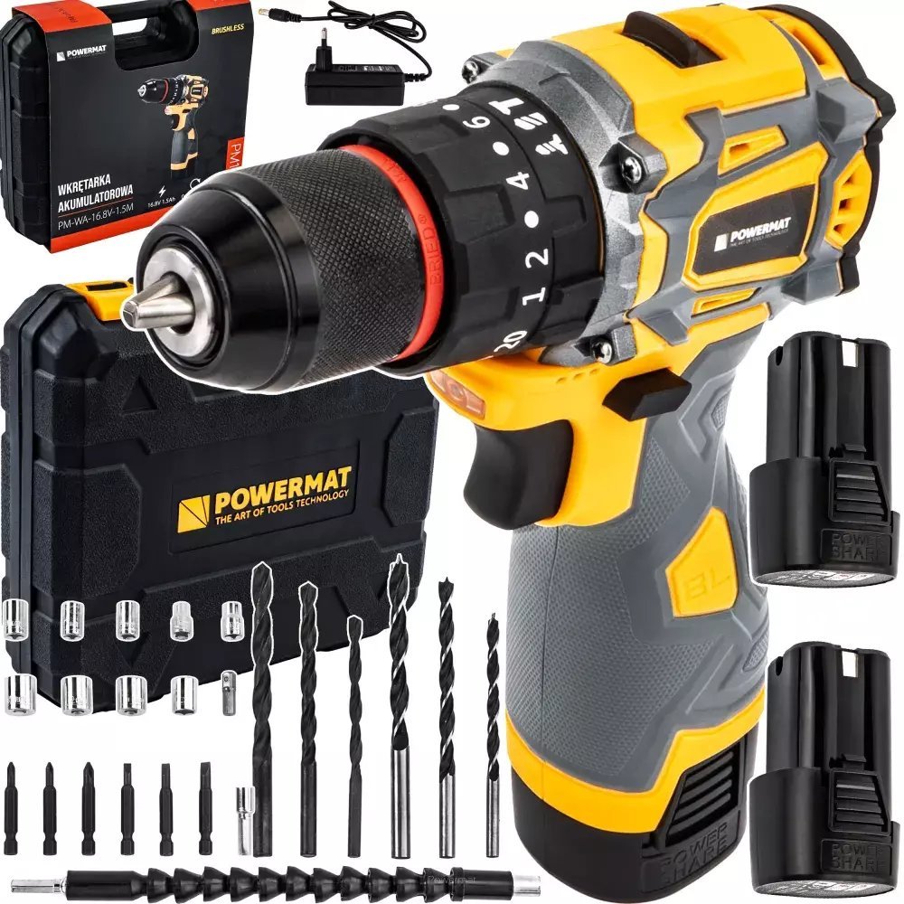Powermat WIERTARKO WKRĘTARKA AKUMULATOROWA BEZSZCZOTKOWA UDAR 16.8V LED 2xAKU + BITY