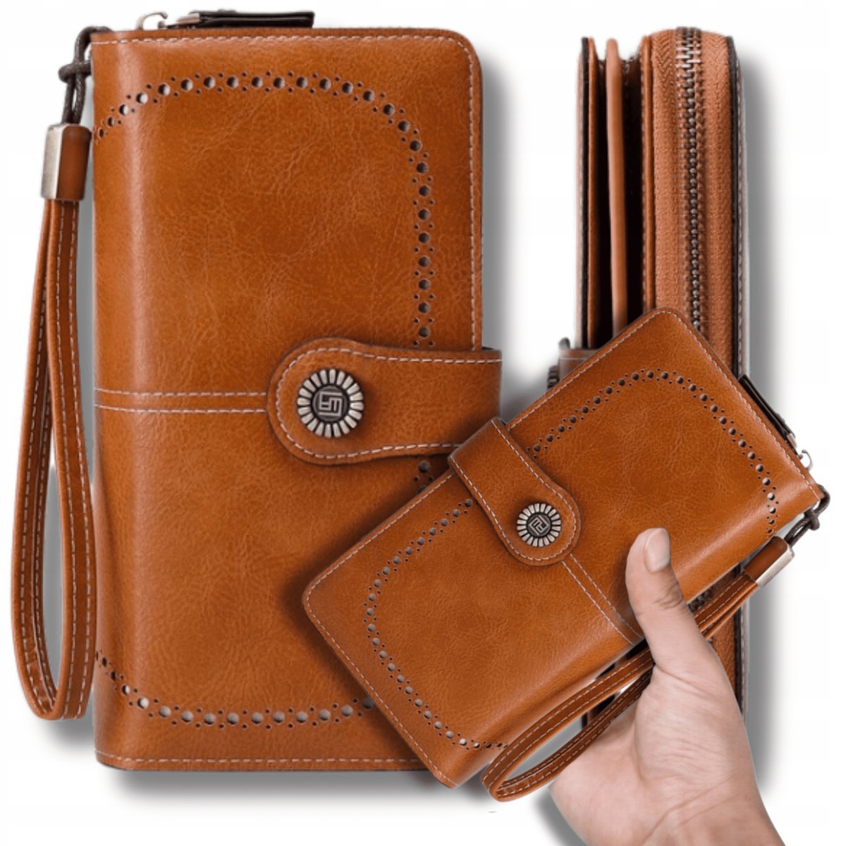 Portfel damski skórzany duży lakierowany brązowy RFID elegancki skóra pasek