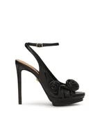 Sandały damskie - Czarne sandały ze skórzanymi kwiatami - miniaturka - grafika 1