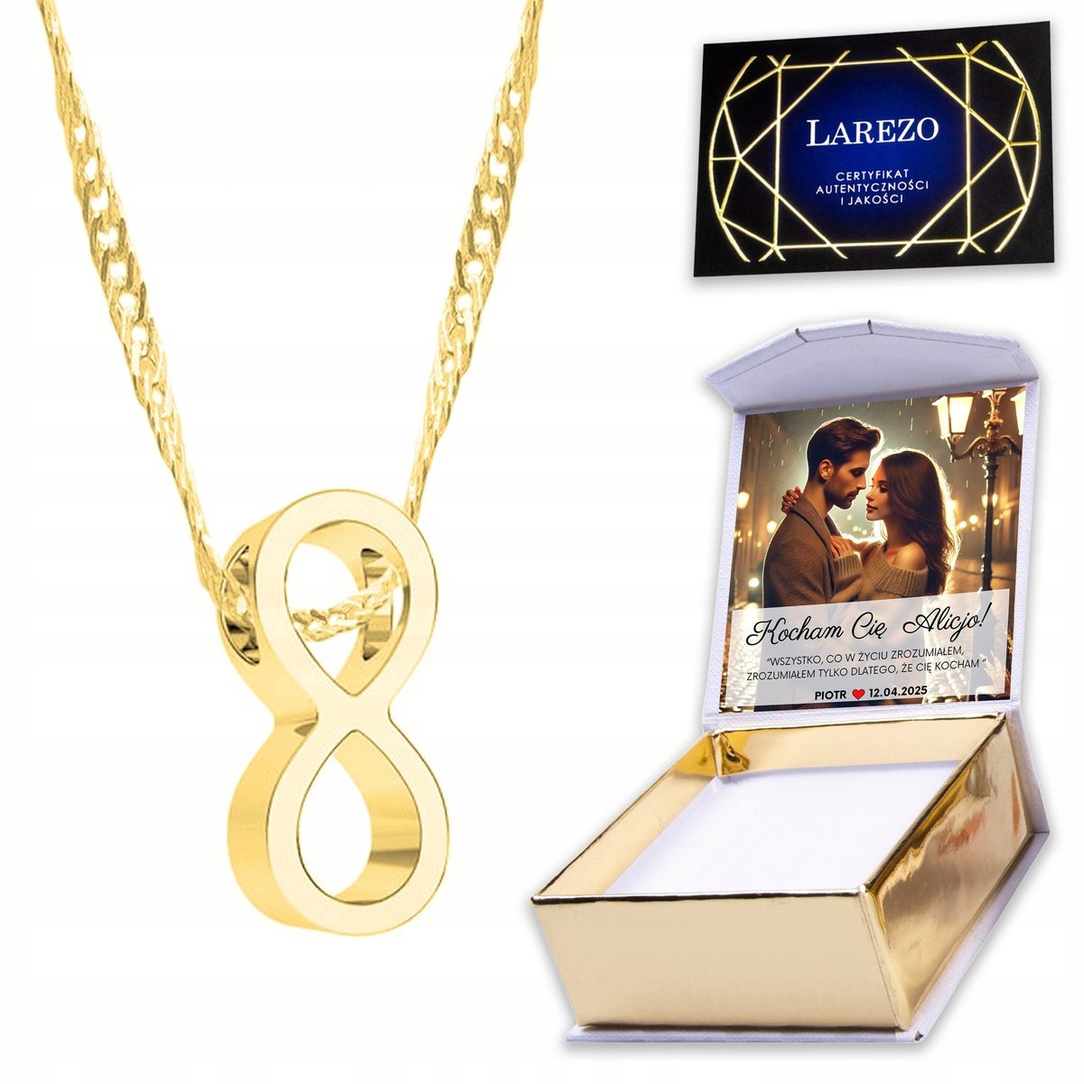 Złoty Naszyjnik 925 z Nieskończonością Infinity Znak Nieskończoności NADRUK