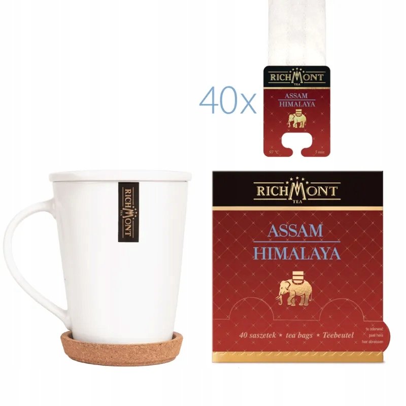 Zestaw Herbata Richmont Assam 40 saszetek Kubek, Wieczko, Podstawka