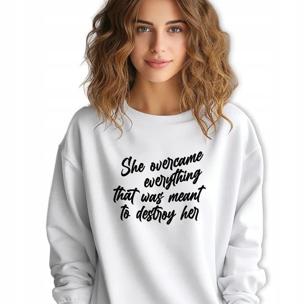 BIAŁA BLUZA Damska Dresowa SHE OVERCAME Zabawne Wzory Rozmiar S