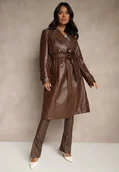 Płaszcze damskie - Brązowy Płaszcz Trencz z Ekoskóry o Dwurzędowym Kroju z Paskiem Nilianis - miniaturka - grafika 1