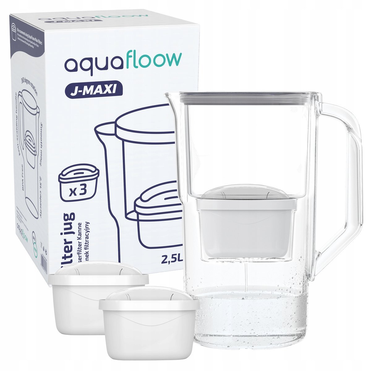 Dzbanek plastikowy filtrujący AquaFloow J-MAXI 2,5l szary + 3x filtr wody