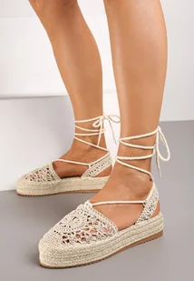 Beżowe Płaskie Espadryle na Plecionej Podeszwie o Ażurowym Wykończeniu z Wiązaniem Sivalea - Espadryle damskie - miniaturka - grafika 1