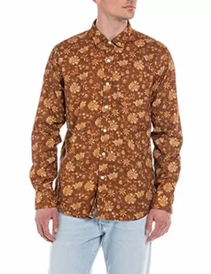 Replay Męska koszula z długim rękawem z mieszanki bawełny, brązowa (Lt Brown With Printed Flowers 010), L, Lt Brown With Printed Flowers 010, L - Koszule męskie - miniaturka - grafika 1