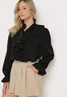 Koszule damskie - Czarna Koszula Ozdobiona Falbankami Jenisela - miniaturka - grafika 1