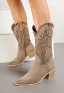 Botki damskie - Ciemnobeżowe Ażurowe Botki na Obcasie w Stylu Kowbojek Felorwen - miniaturka - grafika 1