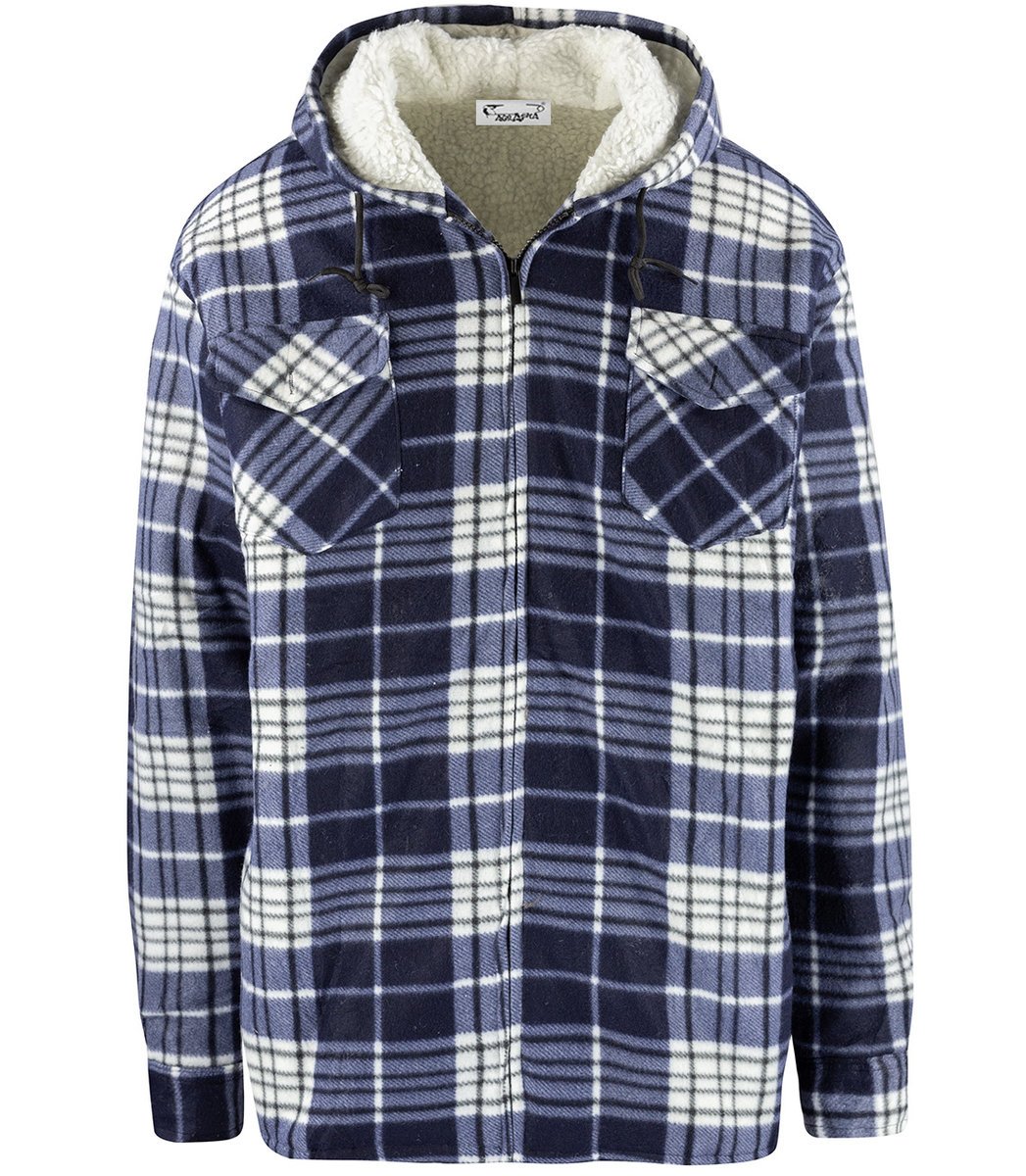 Ciepła polarowa koszula męska w kratę z kapturem ocieplana futerkiem-L