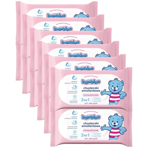 12 x BAMBINO Chusteczki emolientowe 3W1 57 szt.