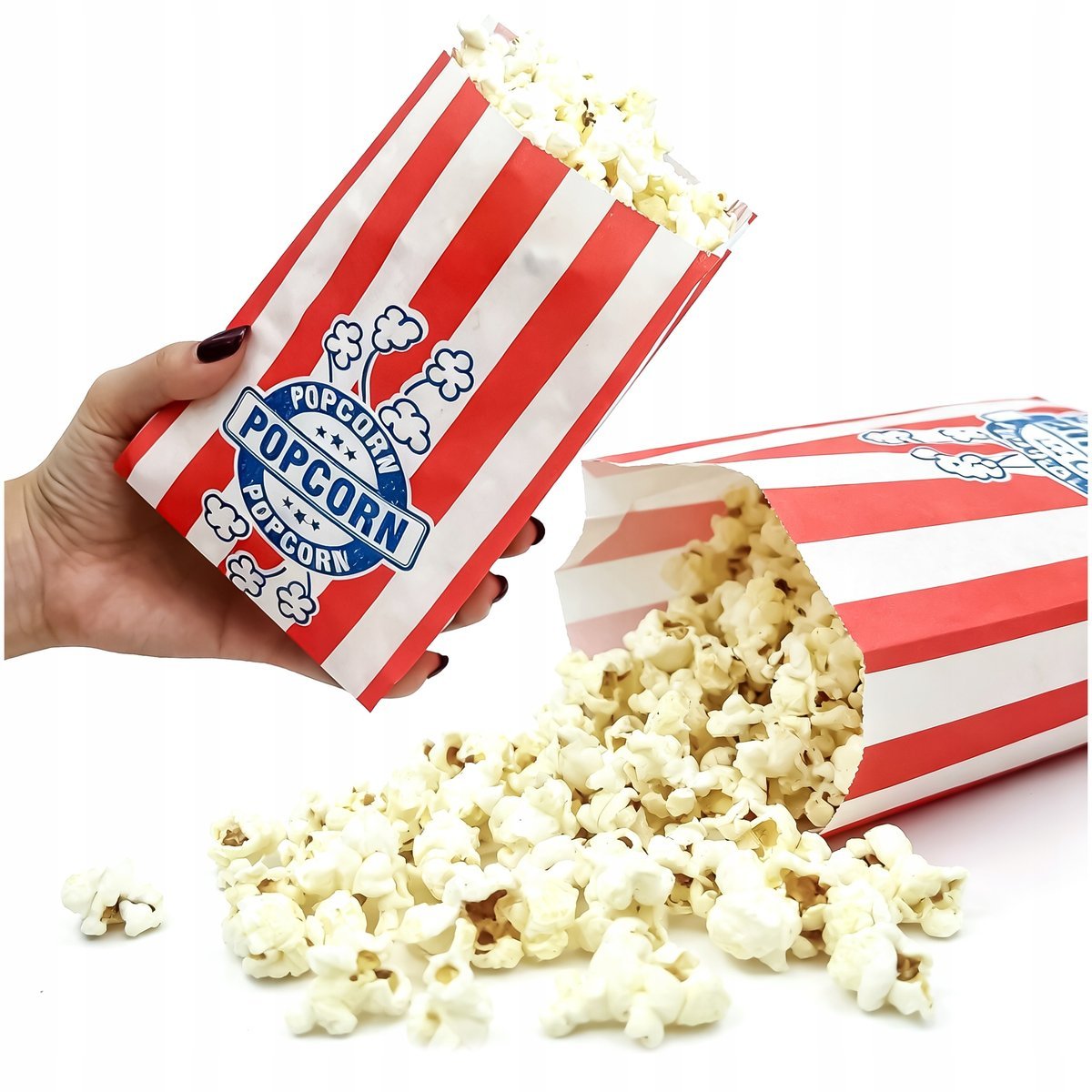 Torby torebki papierowe z nadrukiem Popcorn atestowane eko 18x33 cm 1000 sztuk pojemność białe opakowania papierowe do popcornu chipsów słodyczy pra..