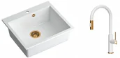 Zlewozmywaki z baterią - Quadron Zlewozmywak granitowy jednokomorowy 57*50*22 cm MORGAN 110 SNOW WHITE z miedzianym odpływem z baterią JENNIFER Q LINE SLIM SNOW WHITE z wyciąganą wylewką i funkcją prysznica kolor biały mat/wykończenie miedź - miniaturka - grafika 1