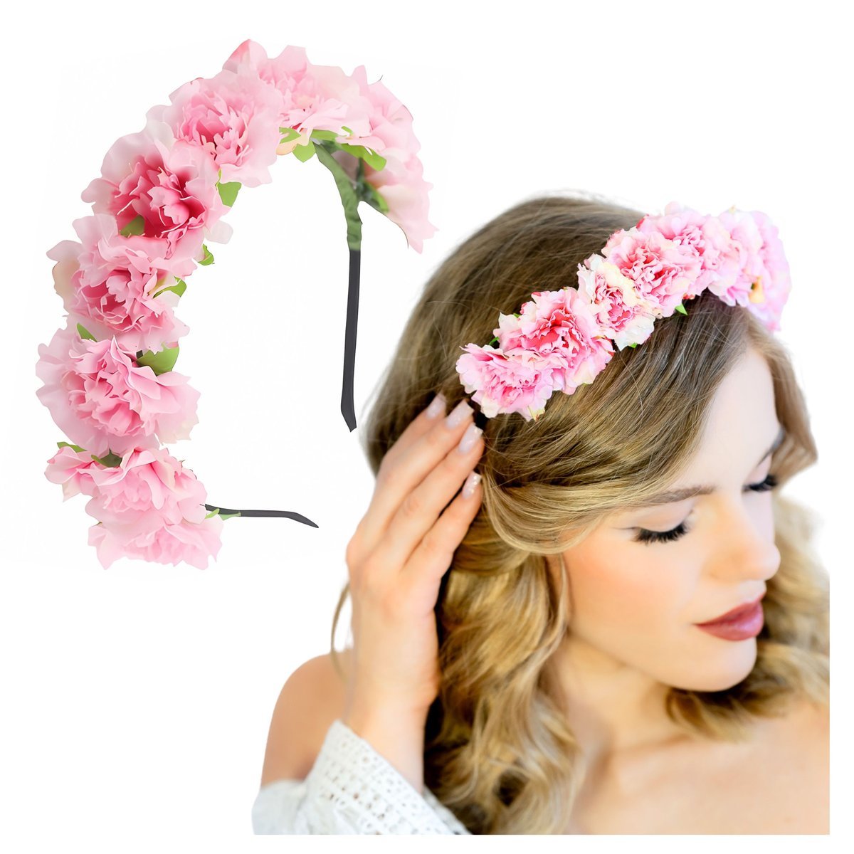 Opaska Wianek do Włosów Różowy na Głowę Szeroka Kwiaty Duży i Wygodny