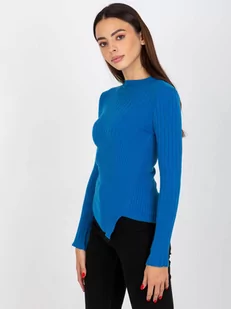 Sweter asymetryczny ciemny niebieski casual dekolt stójka rękaw długi materiał prążkowany - Swetry damskie - miniaturka - grafika 4