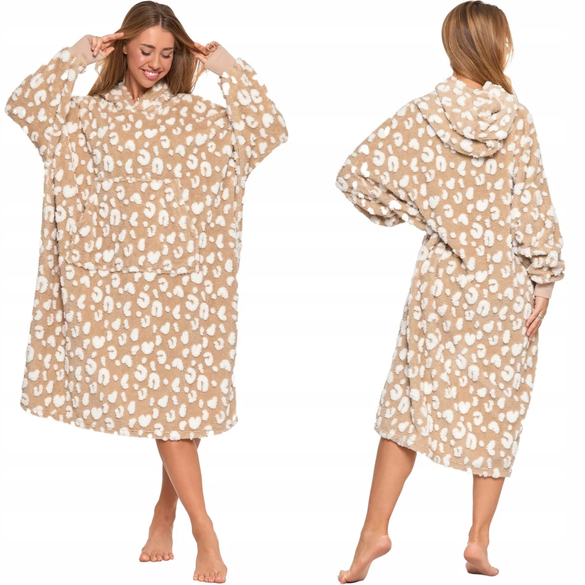 Kocobluza Moraj Oversize 2w1 Bluza Damska Ciepła Miękka z Kapturem Polarowa koc z rękawami, odzież domowa, uniwersalny, wzór zwierzęcy, beżowy
