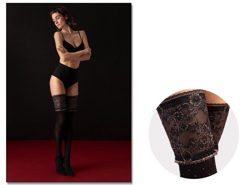 Pończochy samonośne w kropki wysoka koronka 40 den 4 Black Gold