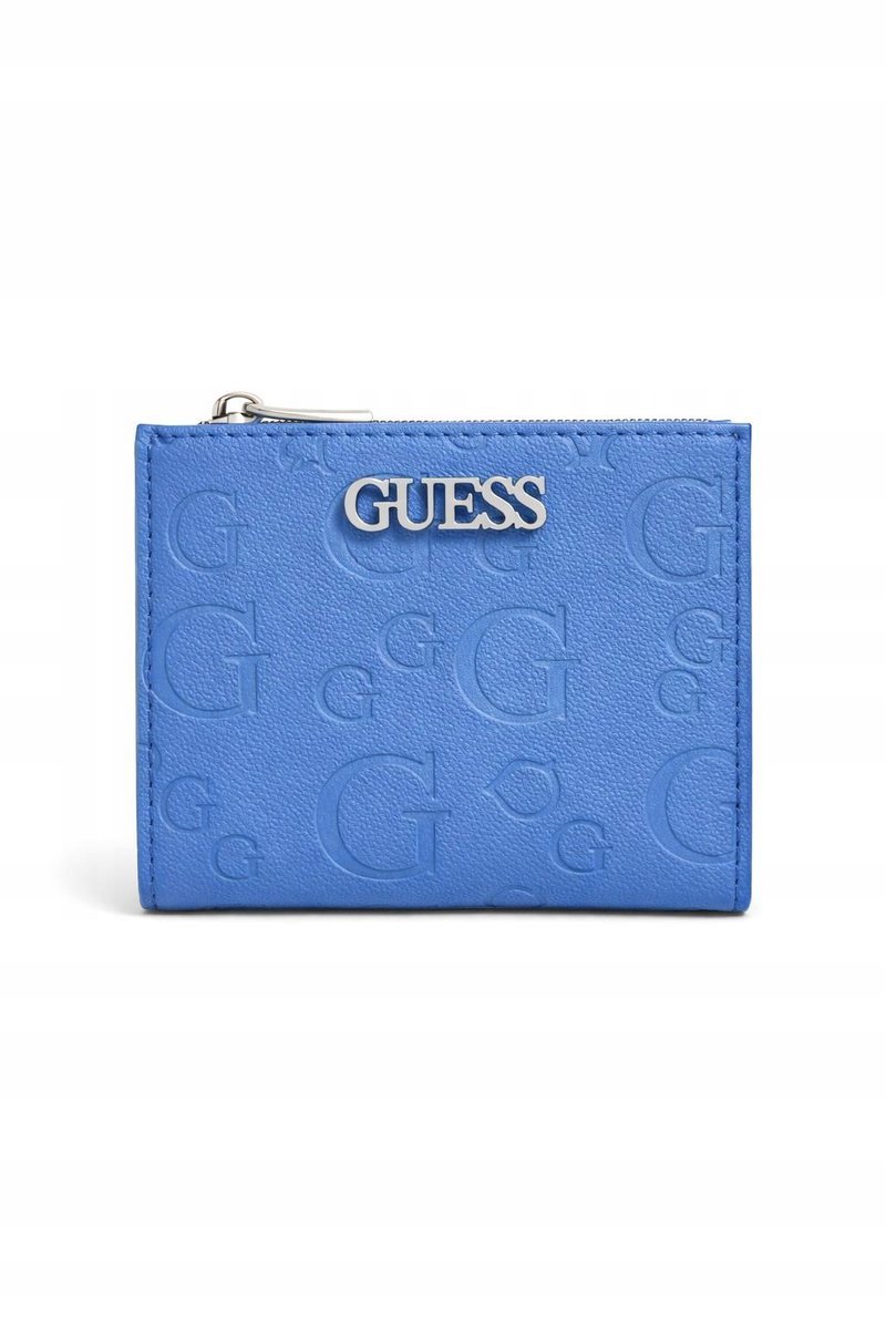 GUESS NIEBIESKI PORTFEL Z NAPISEM I SREBRNYMI OKUCIAMI 12,5x10x1,5 1GŁA