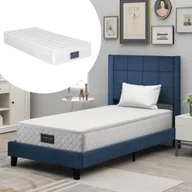 Łóżka - Flieks Łóżko tapicerowane z materacem, pojedyncze łóżko drewniane 90x200 cm z listwową ramą i zagłówkiem, łóżko młodzieżowe 90x200 cm z materacem, lniany pokrowiec, niebieskie - miniaturka - grafika 1