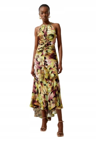 KAREN MILLEN SUKIENKA MIDI HALTER Z PRINTEM I MARSZCZENIAMI 38 B1C