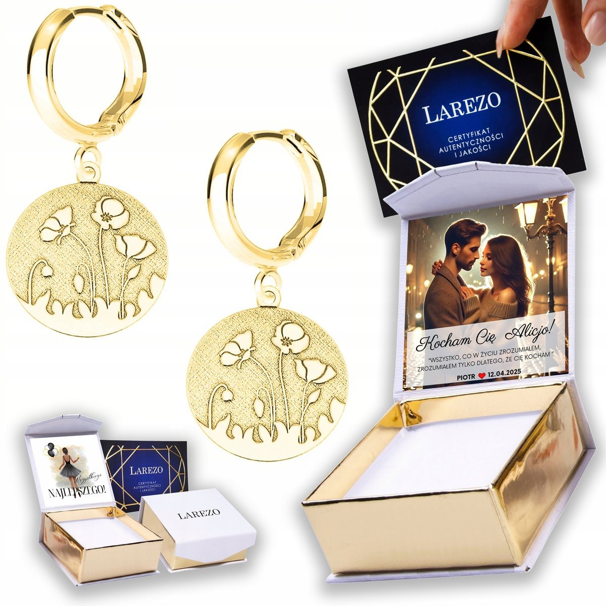 Złote Kolczyki 925 Blaszki Maki Kwiaty Kwiat Blaszka z Makami NADRUK