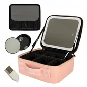 Kosmetyczki, organizery i kuferki - Kosmetyczka Podrożna Z Lusterkiem Led Organizer Na Kosmetyki Kuferek Różowy - miniaturka - grafika 1