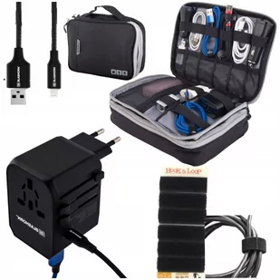 Zestaw 4W1 Dla Podróżnika  Kabel Lightening+ Adapter Ładowarka Zasilacz+ Organizer Torba+ Rzepy - Akcesoria podróżnicze - miniaturka - grafika 1
