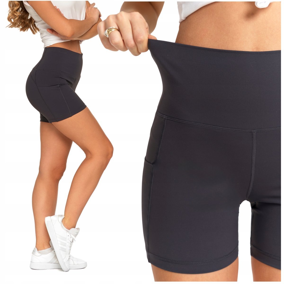 Legginsy Kolarki Szorty Damskie Sportowe Wysoki Stan Kieszenie MORAJ L
