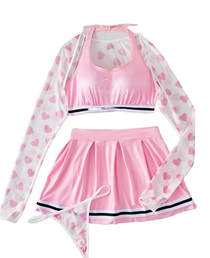 Bielizna Erotyczna 4-częściowy Komplet z Sercami Różowa S