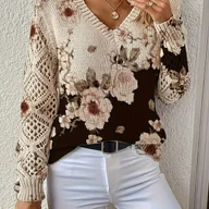 Swetry damskie - TEMU Elegancka bluzka damska z dekoltem w serek i długim rękawem - kwiecista bluzka z brązowym i kwiatowym wzorem, nierozciągliwy materiał na - miniaturka - grafika 1