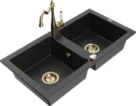 Zlewozmywaki z baterią - Mexen Mario zlewozmywak granitowy 2-komorowy z baterią kuchenną Carla, czarny/srebrny metalik - 6504-73-670700-50 - miniaturka - grafika 1