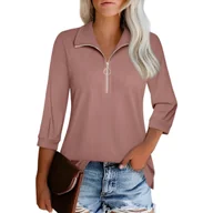 Bluzy damskie - Damska Bluza Sweter Golf z Suwakiem Rękaw 3/4 Elegancka Stylowa Brązowa L - miniaturka - grafika 1