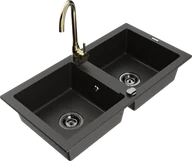 Zlewozmywaki z baterią - Mexen Mario zlewozmywak granitowy 2-komorowy z baterią kuchenną Telma, czarny/złoty - 6504-75-670200-50-B - miniaturka - grafika 1