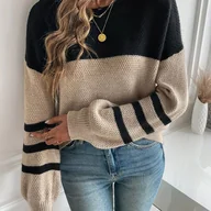 Swetry damskie - TEMU Sweter Damski z Eleganckim Kolorowym Blokiem i Opadającymi Ramionami - Czarno-Beżowe Paski, Średnio Elastyczny Okrągły Dekolt, Od Casualu do - miniaturka - grafika 1