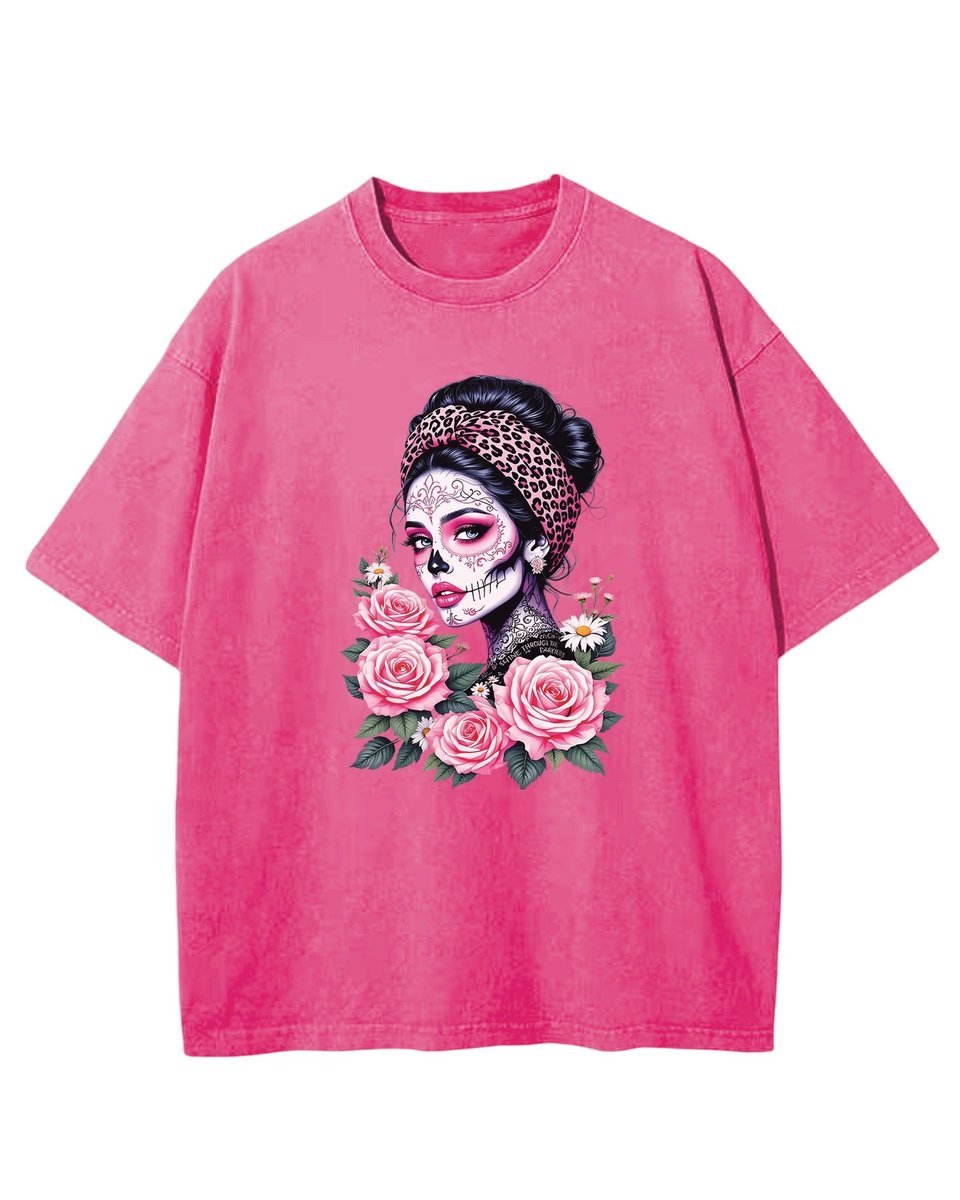 Koszulka oversize efekt sprania Meksykańska Kobieta Kwiaty różowy XL