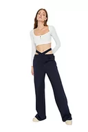 Spodnie damskie - Trendyol Damskie spodnie dresowe z szerokimi nogawkami o normalnej talii, Ciemny granatowy niebieski, XS - miniaturka - grafika 1