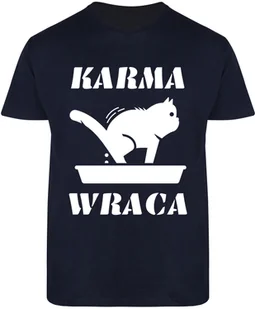 T-SHIRT MĘSKI Z KOTAMI KARMA PREZENT ŚMIESZNA KOSZULKA GRANATOWA R-L A452 - Koszulki męskie - miniaturka - grafika 1