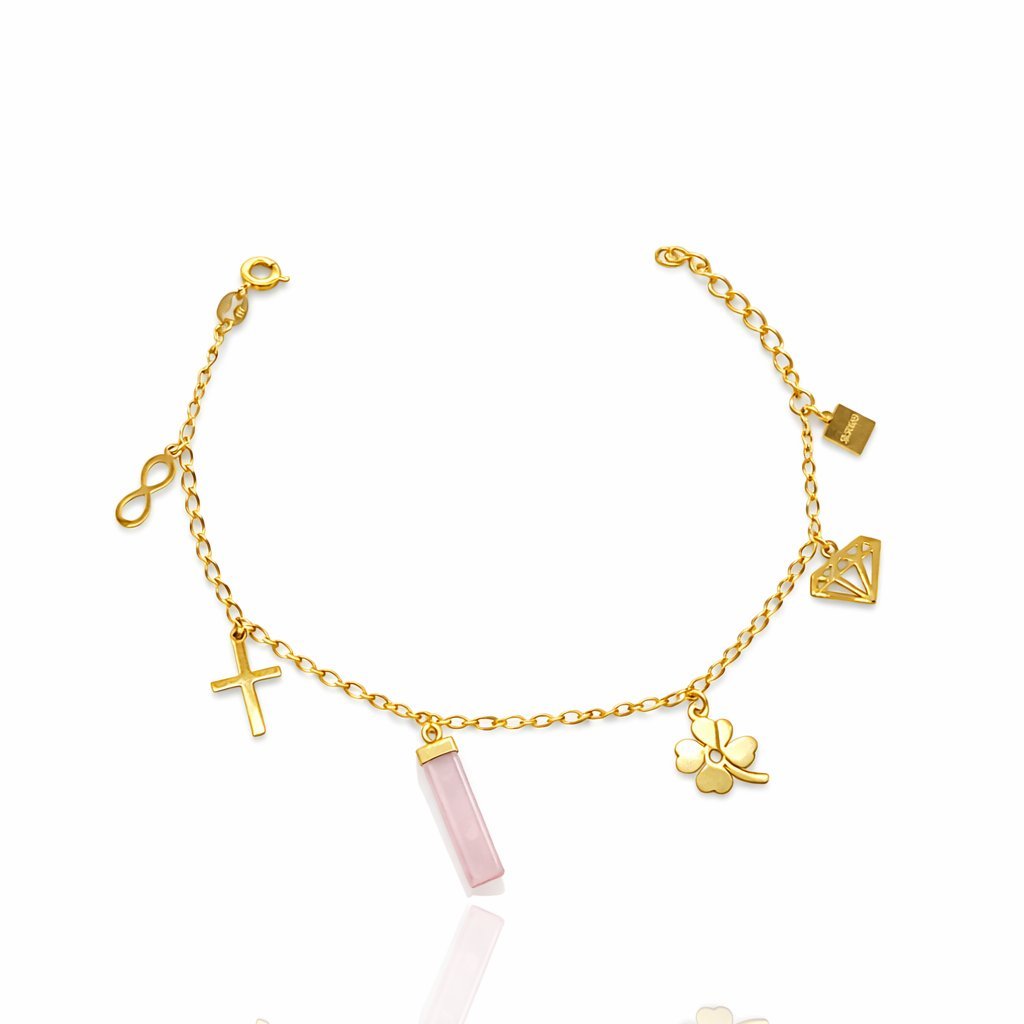 Bransoletka Faith Charm Różowy Kwarc Krzyżyk Koniczynka Diament Nieskonczonosc Stal 316L Antyalergiczna Prezent