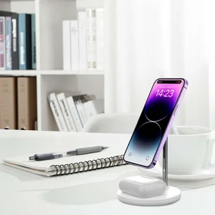 4KOM.PL Ładowarka bezprzewodowa 2w1 QI 15W 2in1 Magnetic MagSafe Wireless Charger do Apple iPhone AirPods Biała - Stacje dokujące do telefonów - miniaturka - grafika 5