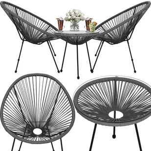 Meble ogrodowe rattanowe dla 2 osób stół ze szkłem hartowanym 2 fotele ażurowe czarno-szare - Meble ogrodowe - miniaturka - grafika 1